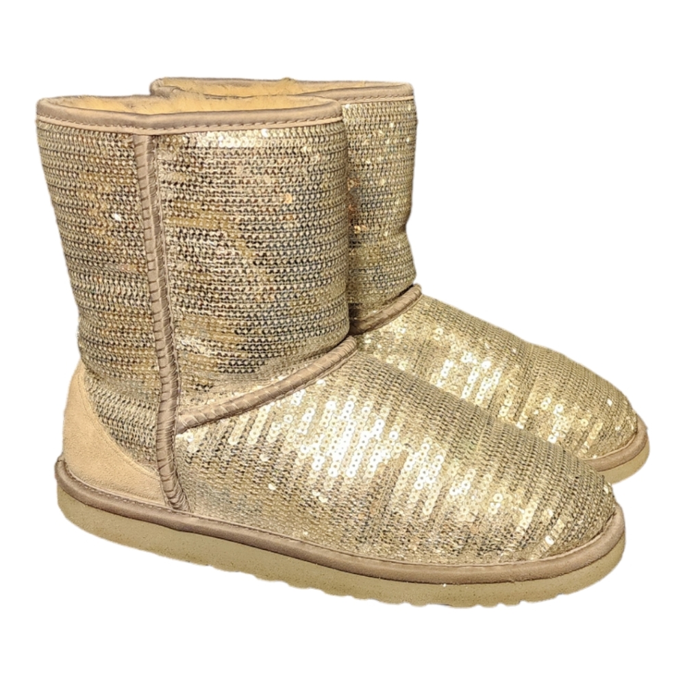 UGG Classic Short silver sequined with gray suede
